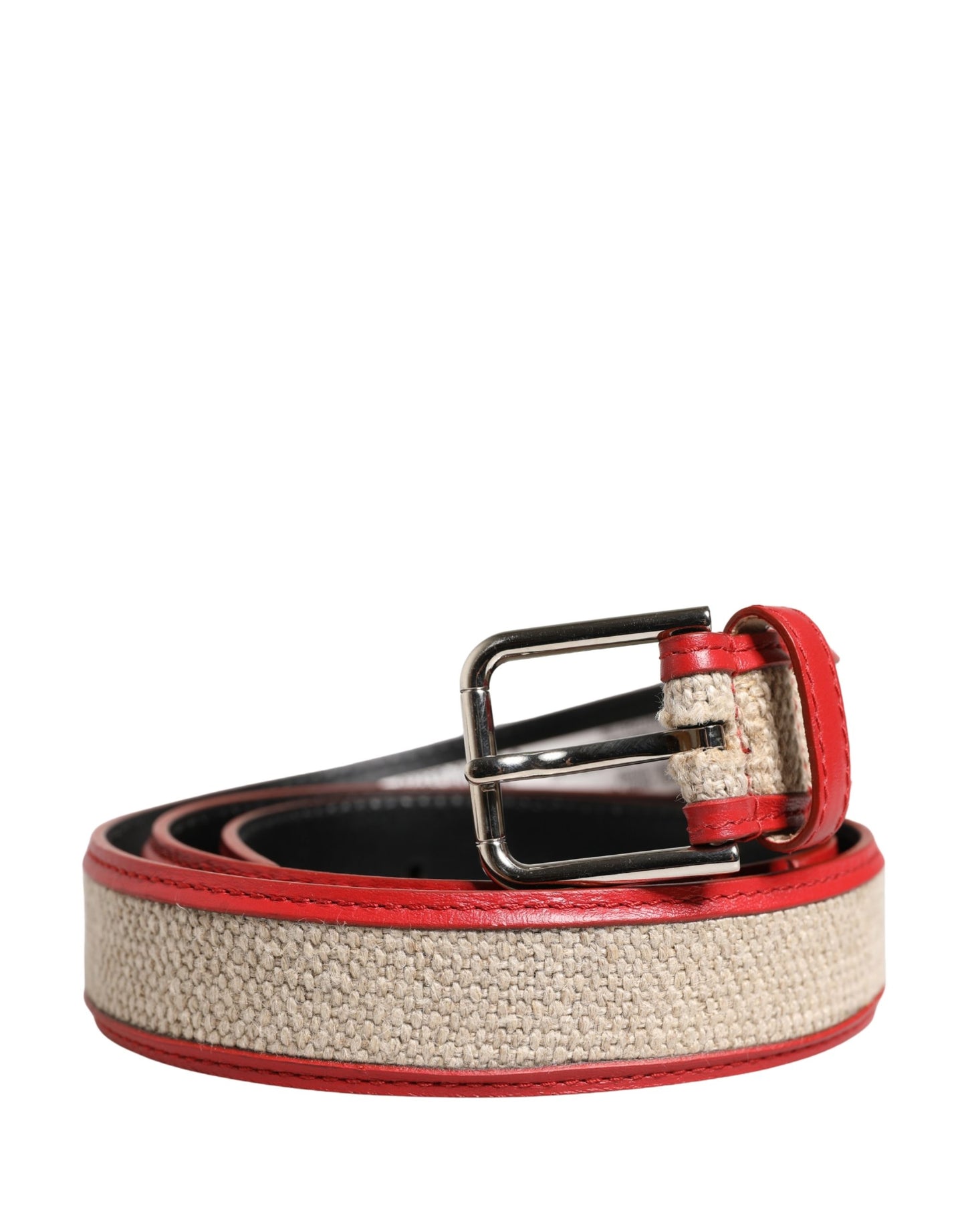 Dolce & Gabbana Men Beige Red Woven Leather Metal Buckle Belt