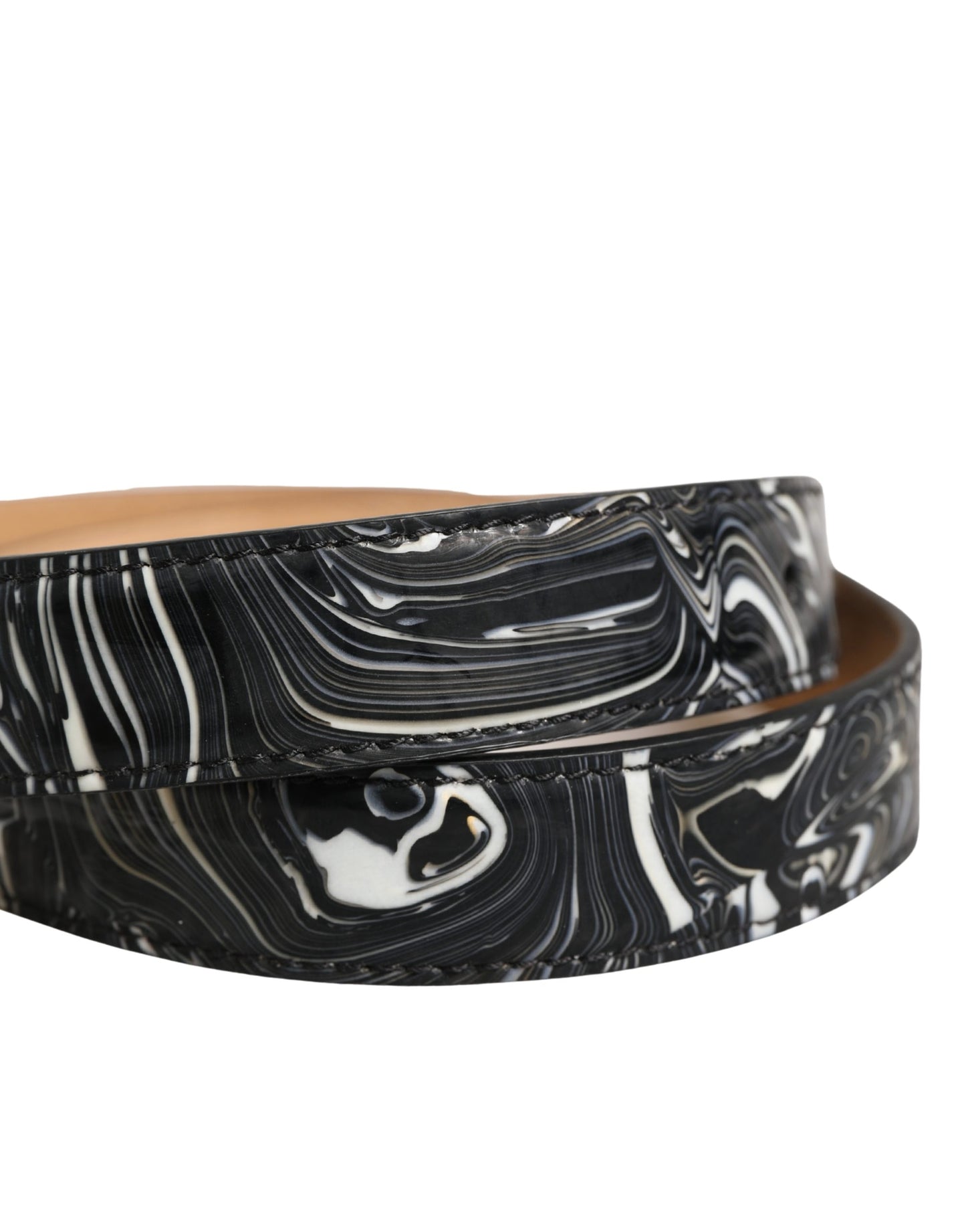 Dolce & Gabbana Men Black Marble Leather Metal Buckle Belt
