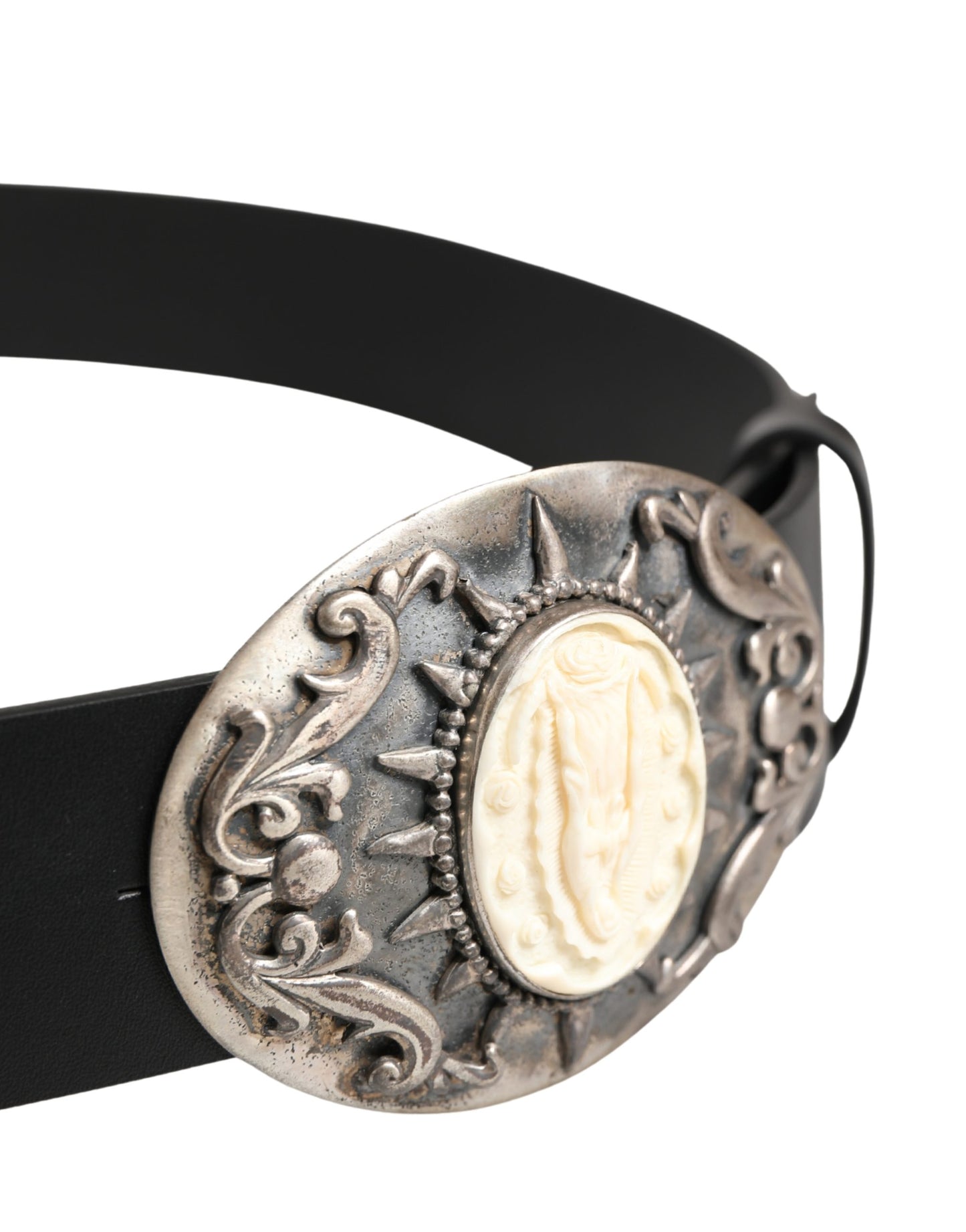Dolce & Gabbana Black Calf Leather Ornate Metal Buckle Belt