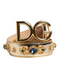 Dolce & Gabbana Gold Leather Crystals Logo Metal Buckle Belt