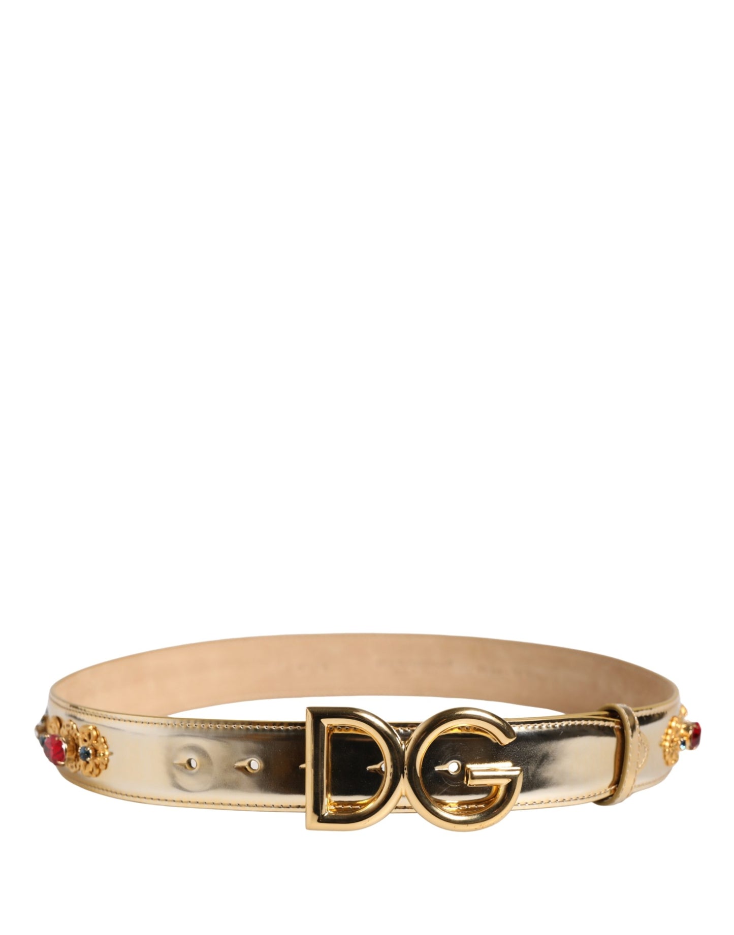 Dolce & Gabbana Gold Leather Crystals Logo Metal Buckle Belt