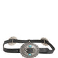 Cavalli Class Black Turquoise Leather Embellished Oval Buckle Belt
