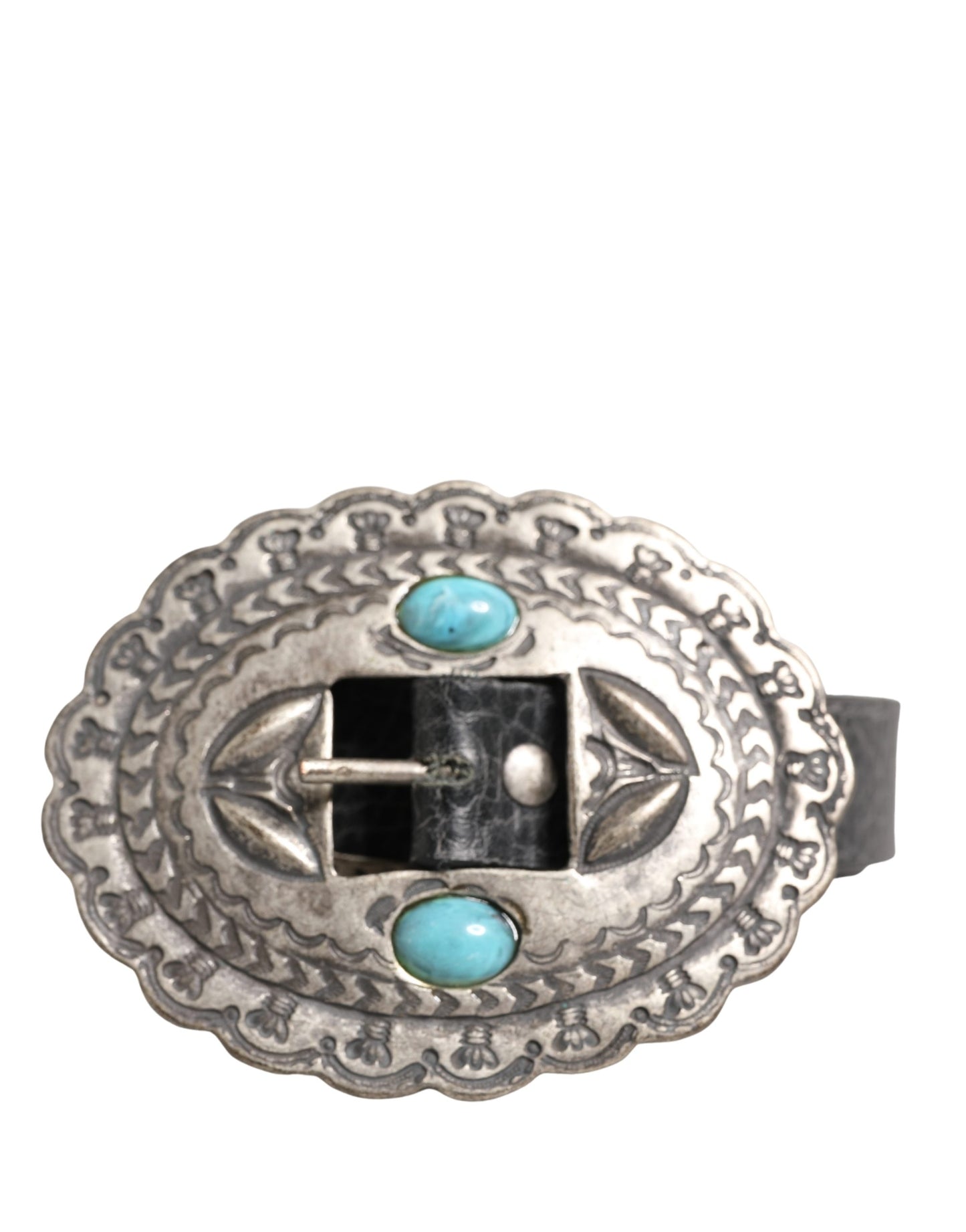 Cavalli Class Black Turquoise Leather Embellished Oval Buckle Belt
