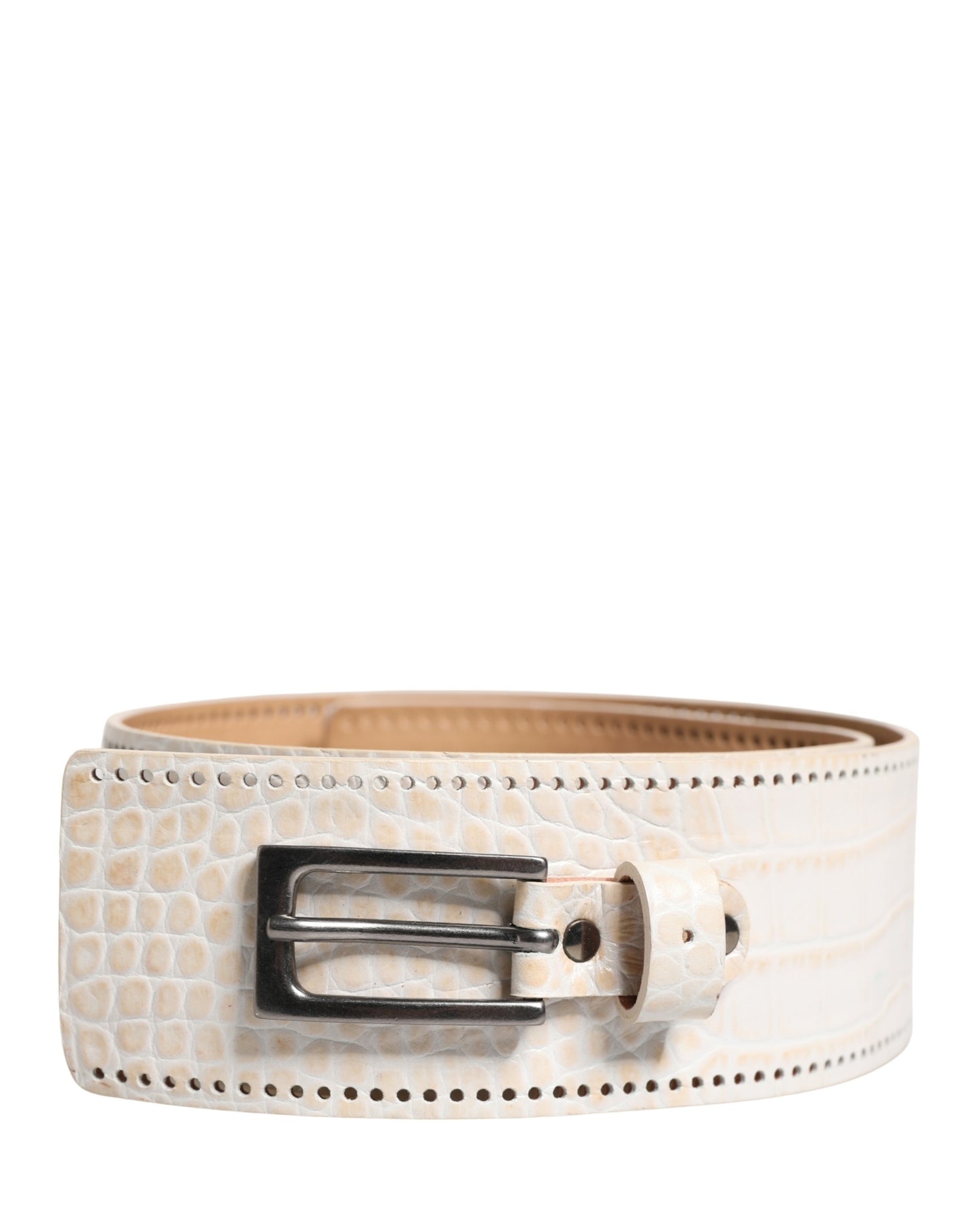 Scervino Street White Textured Leather Wide SilverMetal Buckle Belt