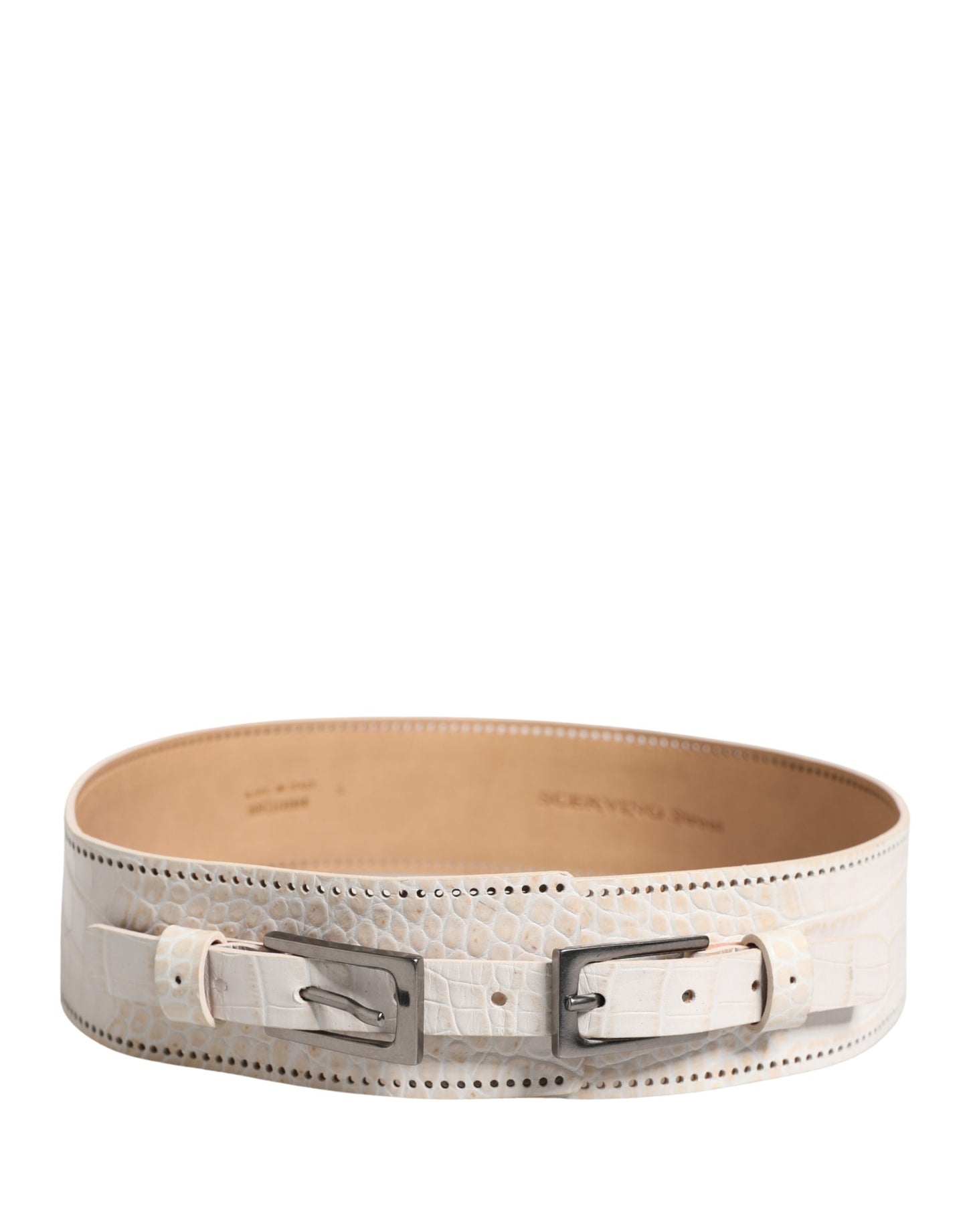 Scervino Street White Textured Leather Wide SilverMetal Buckle Belt