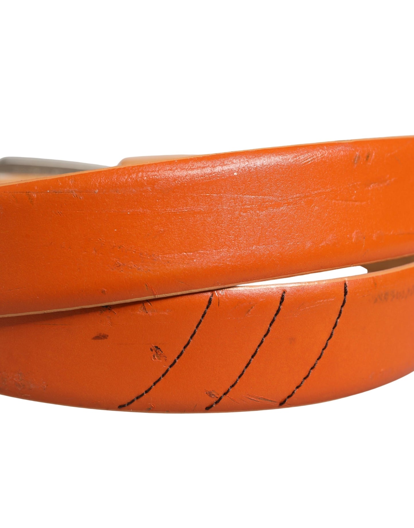 Etro Orange Genuine Leather Silver Metal Buckle Waist Belt