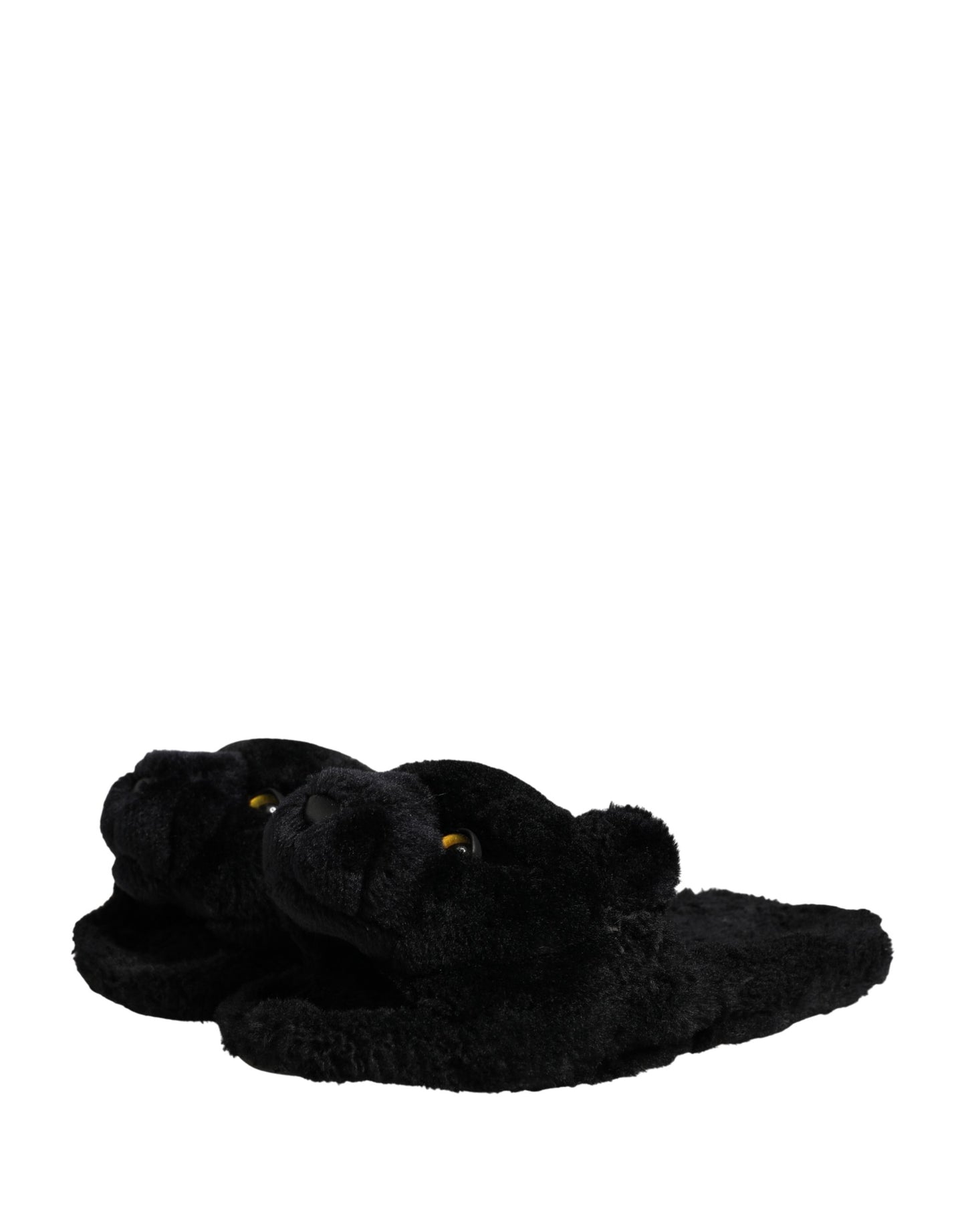 Dolce & Gabbana Black Faux Fur Panther Plush Flat Slides Shoes