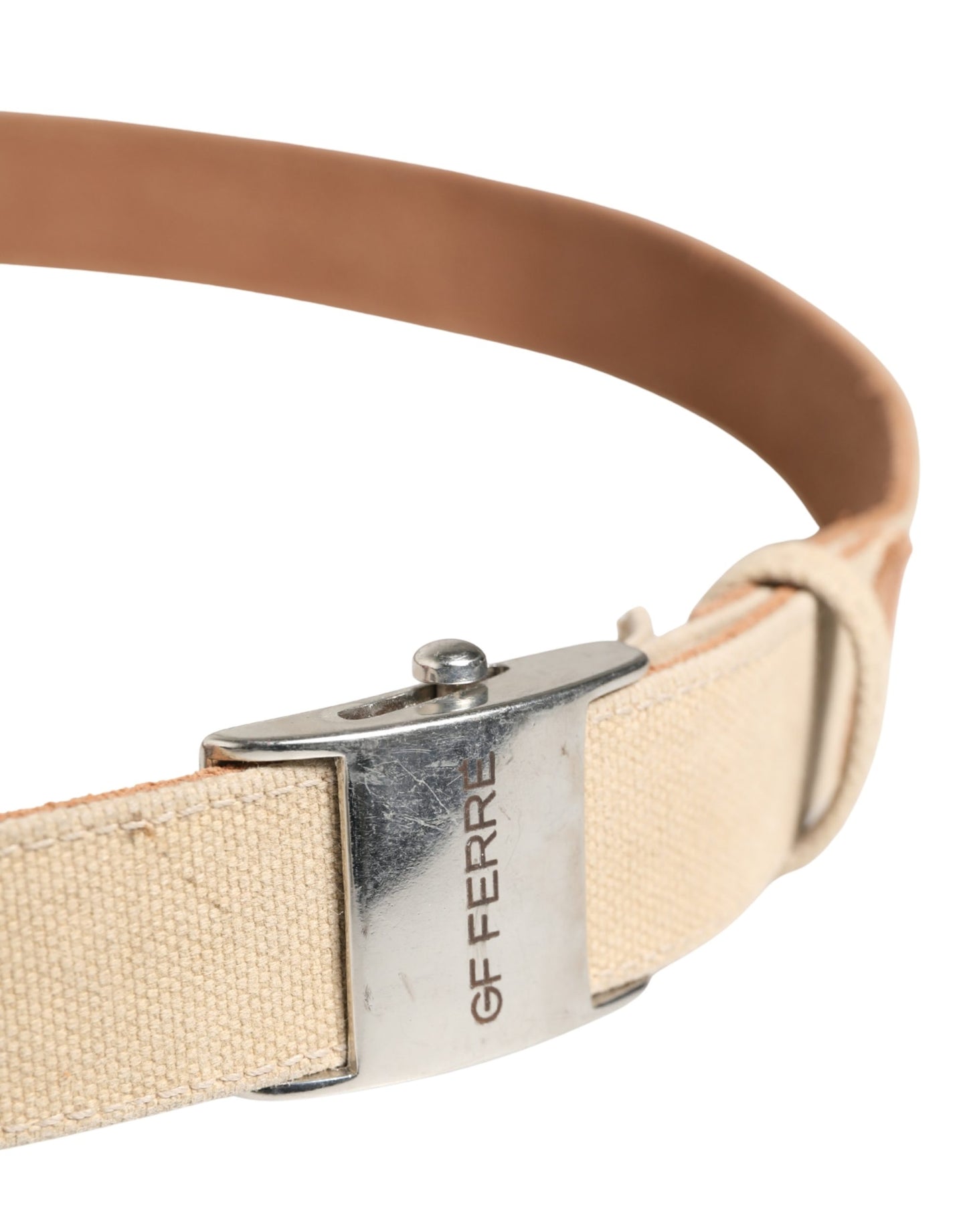 GF Ferre Men Beige Canvas Silver Metal Buckle Cintura Belt