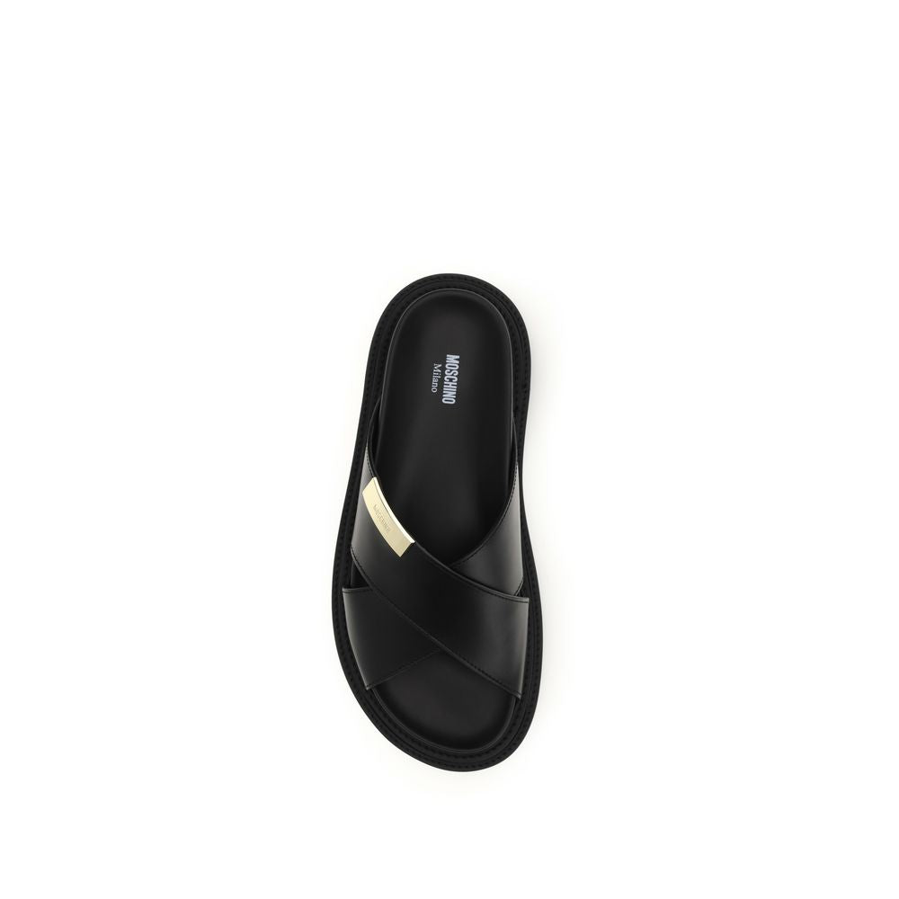 Moschino Black Calf Leather Bos Taurus Flat Sandals