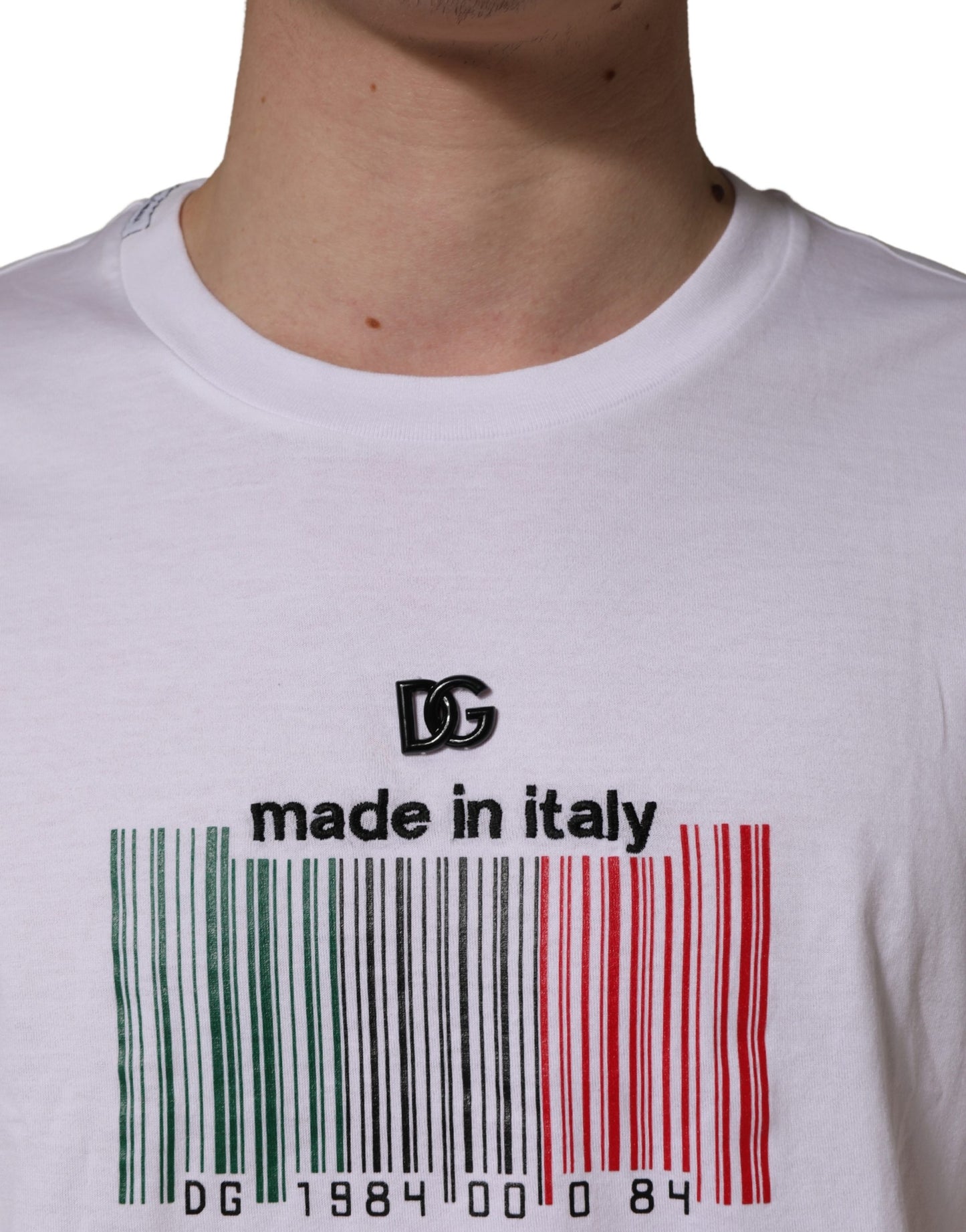 Dolce & Gabbana White Barcode Print Cotton Crew Neck T-shirt