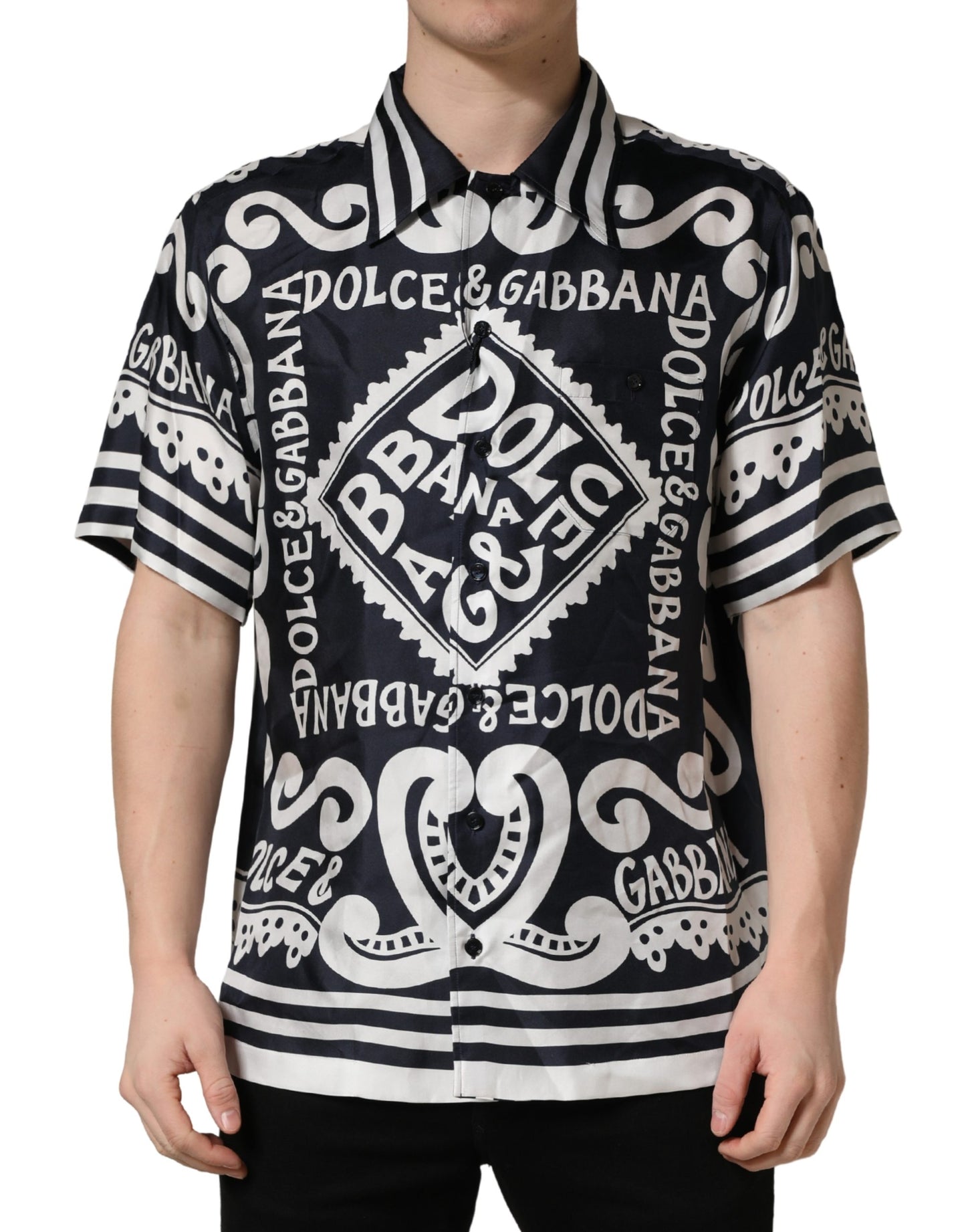 Dolce & Gabbana Black White Marina Print Silk Hawaii Shirt