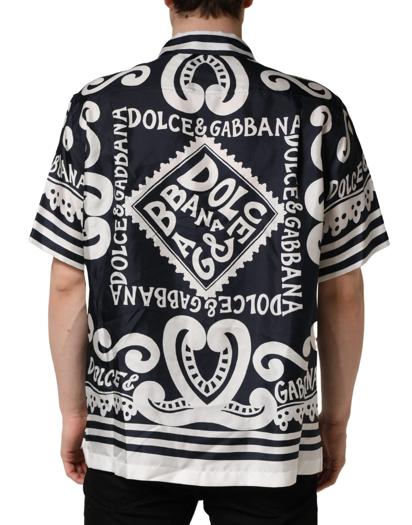 Dolce & Gabbana Black White Marina Print Silk Hawaii Shirt
