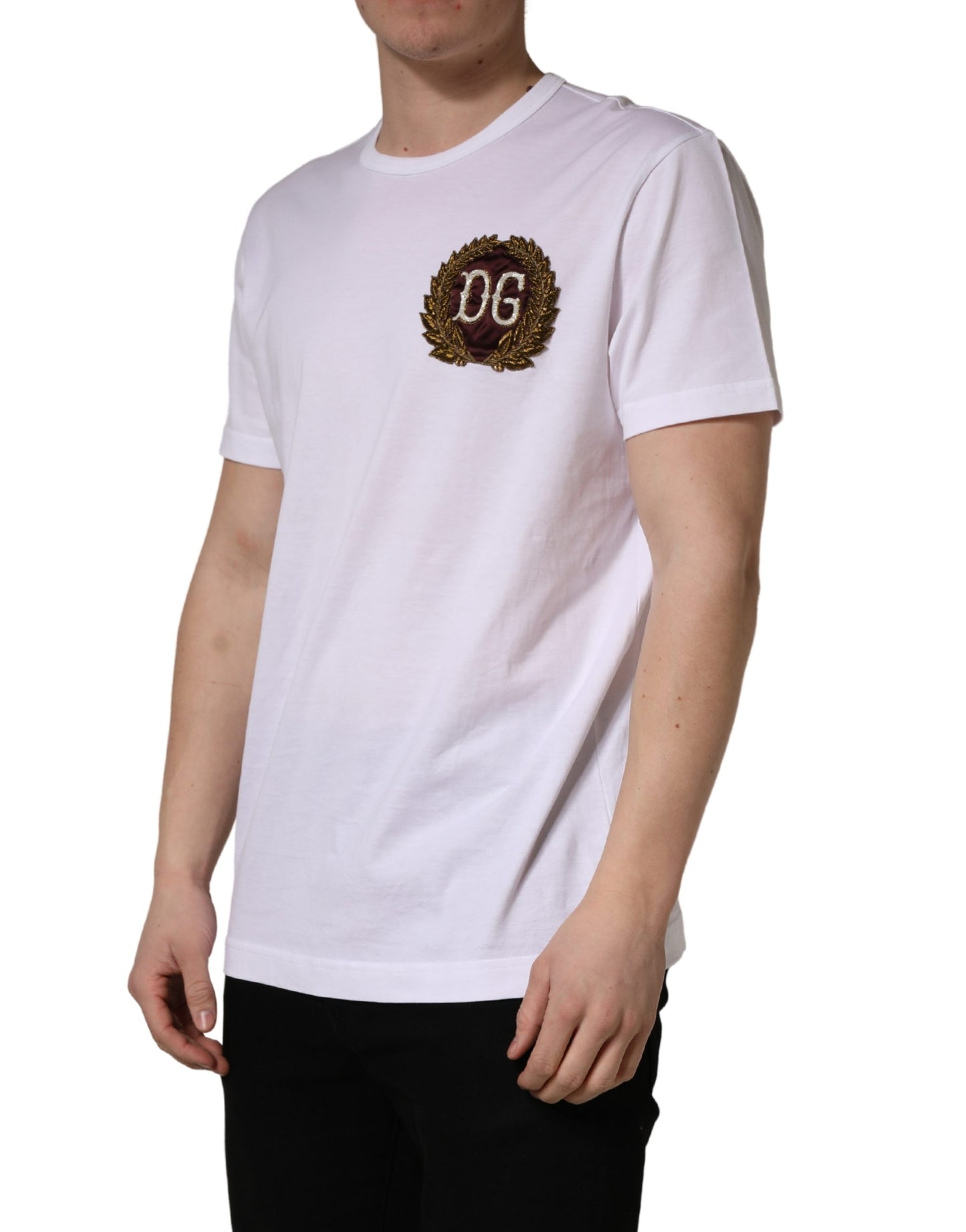 Dolce & Gabbana White DG Leaf Embroidery Crew Neck  T-shirt