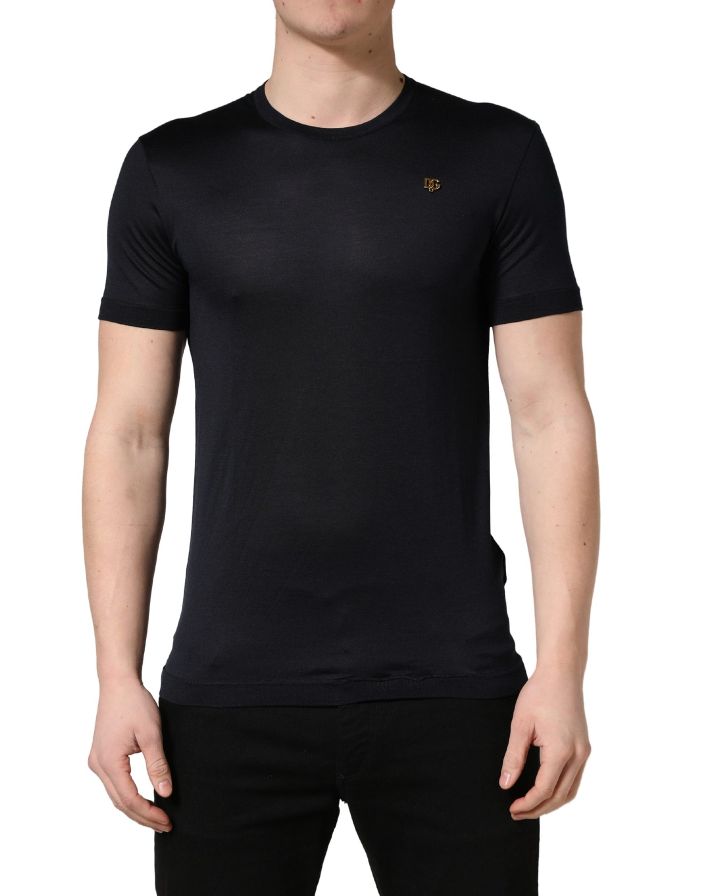 Dolce & Gabbana Dark Blue DG Logo Silk Men Crew Neck T-shirt