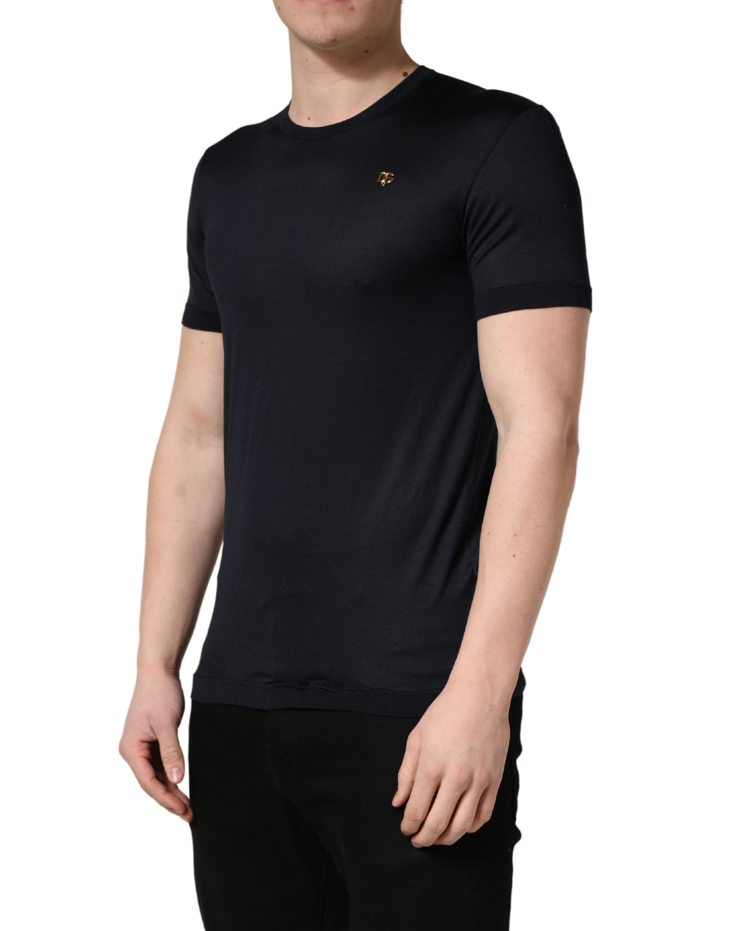 Dolce & Gabbana Dark Blue DG Logo Silk Men Crew Neck T-shirt