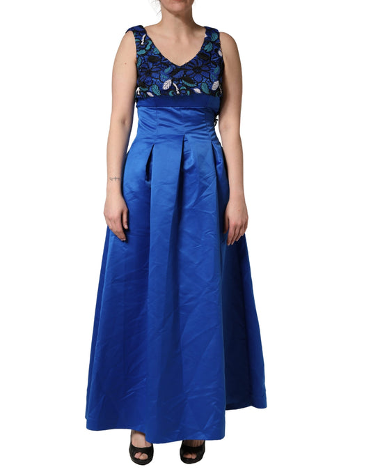 LANACAPRINA Royal Blue Floral Lace Sleeveless Long Gown Dress