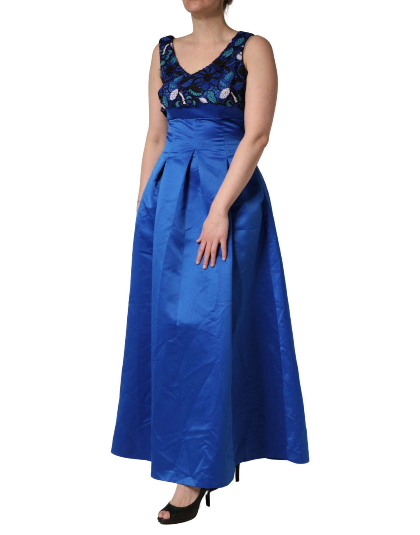 LANACAPRINA Royal Blue Floral Lace Sleeveless Long Gown Dress