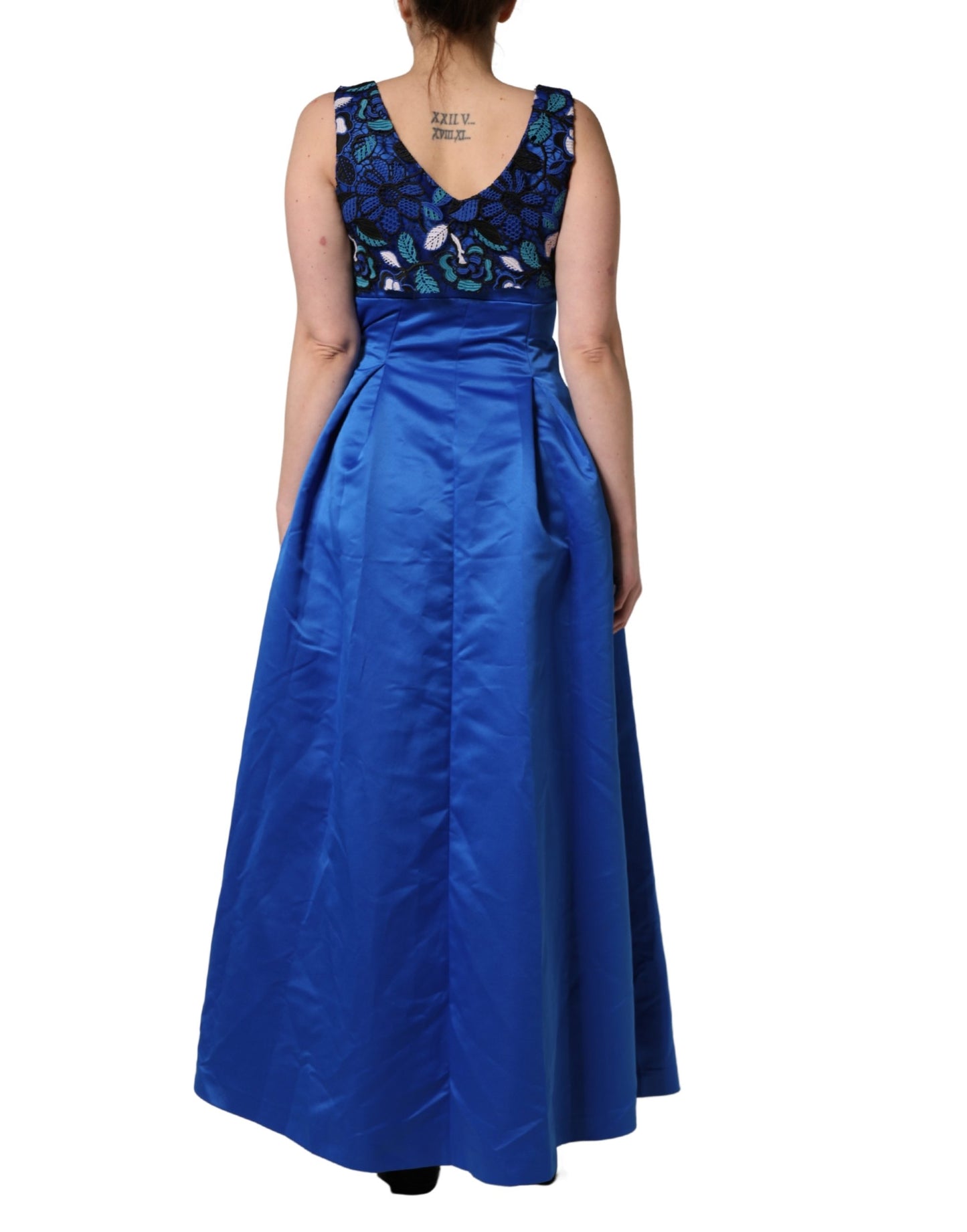 LANACAPRINA Royal Blue Floral Lace Sleeveless Long Gown Dress