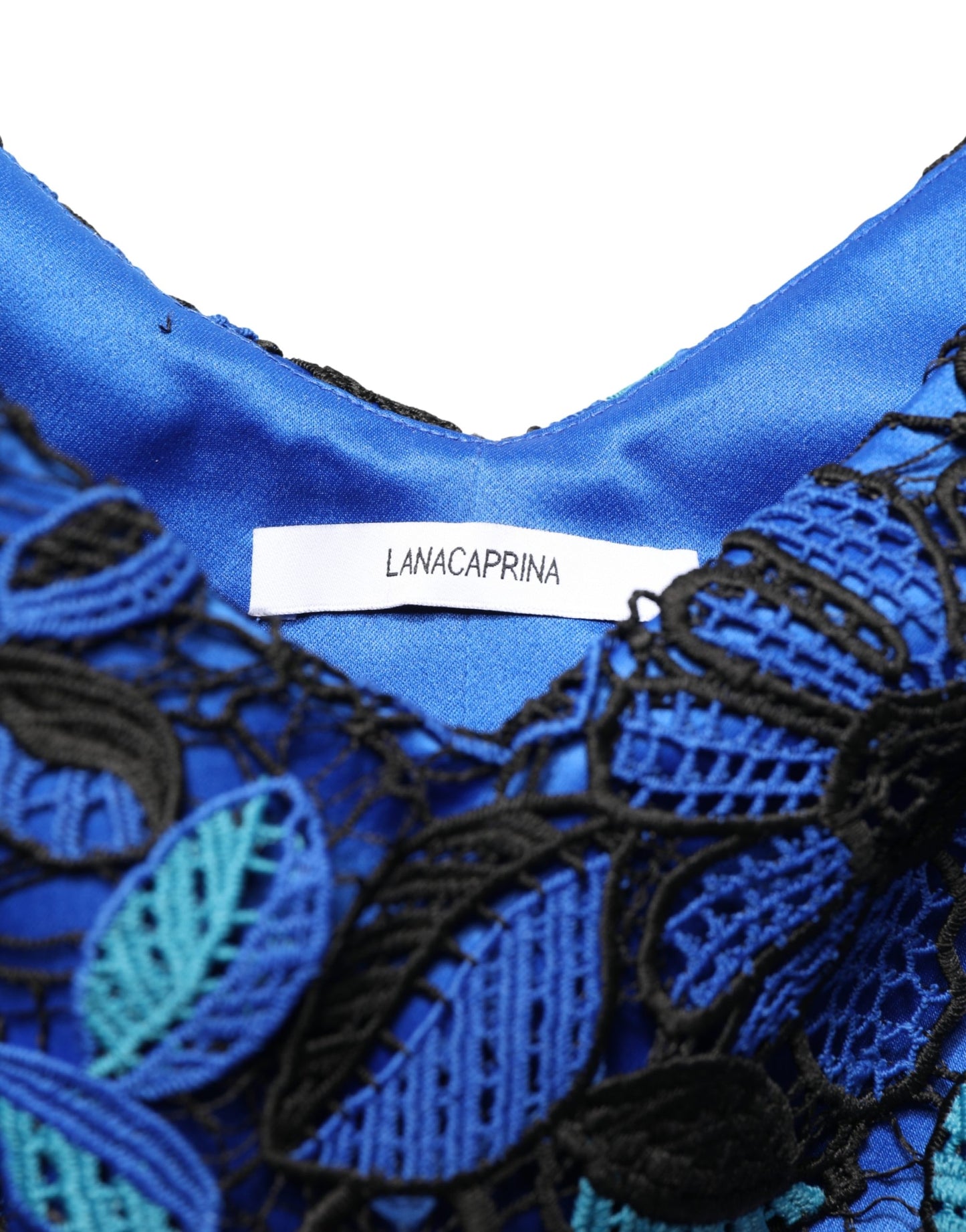 LANACAPRINA Royal Blue Floral Lace Sleeveless Long Gown Dress