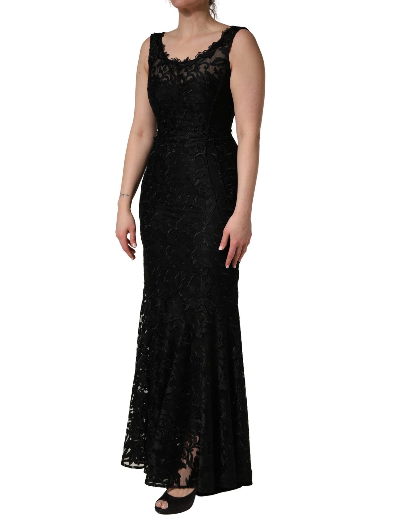 Dolce & Gabbana Black Floral Lace Evening Long Gown Dress