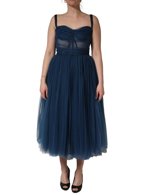 Dolce & Gabbana Blue Tulle Midi A-line Sleeveless Dress
