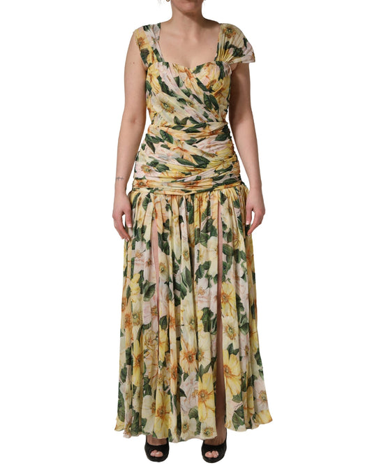 Dolce & Gabbana Yellow Silk Floral Print Pleated Maxi Dress