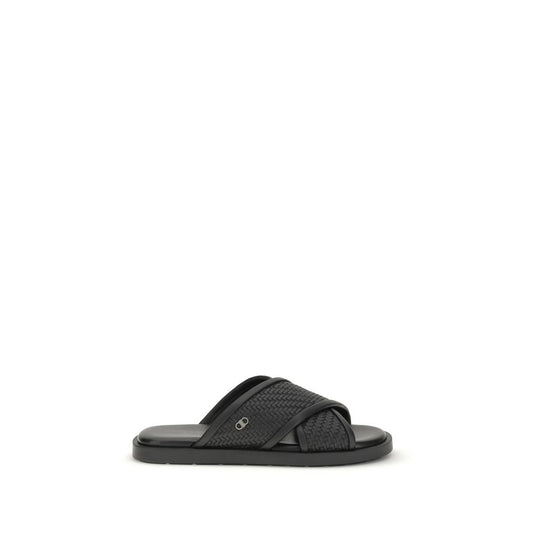Ferragamo Black Calf Leather Bos Taurus Sandals