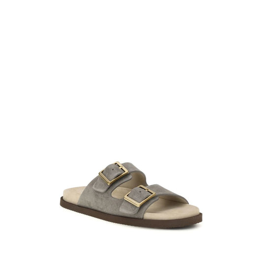 Brunello Cucinelli Gray Calf Leather Bos Taurus Flat Sandals