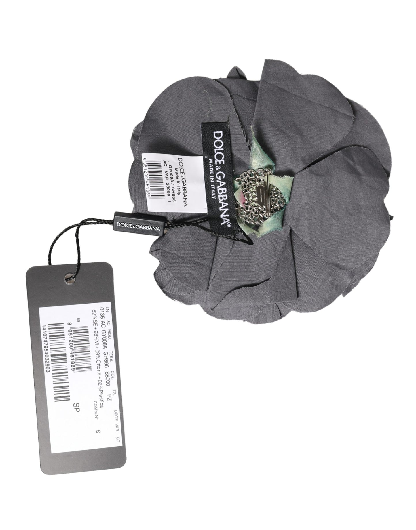 Dolce & Gabbana Gray Floral Motif Silk Blend Poplin Fabric Bar Pin  Brooch