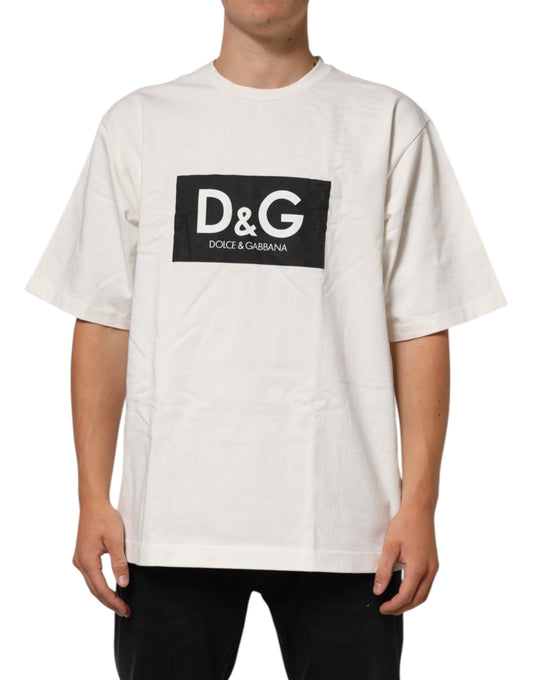 Dolce & Gabbana White Cotton Logo Print Men Crewneck T-shirt