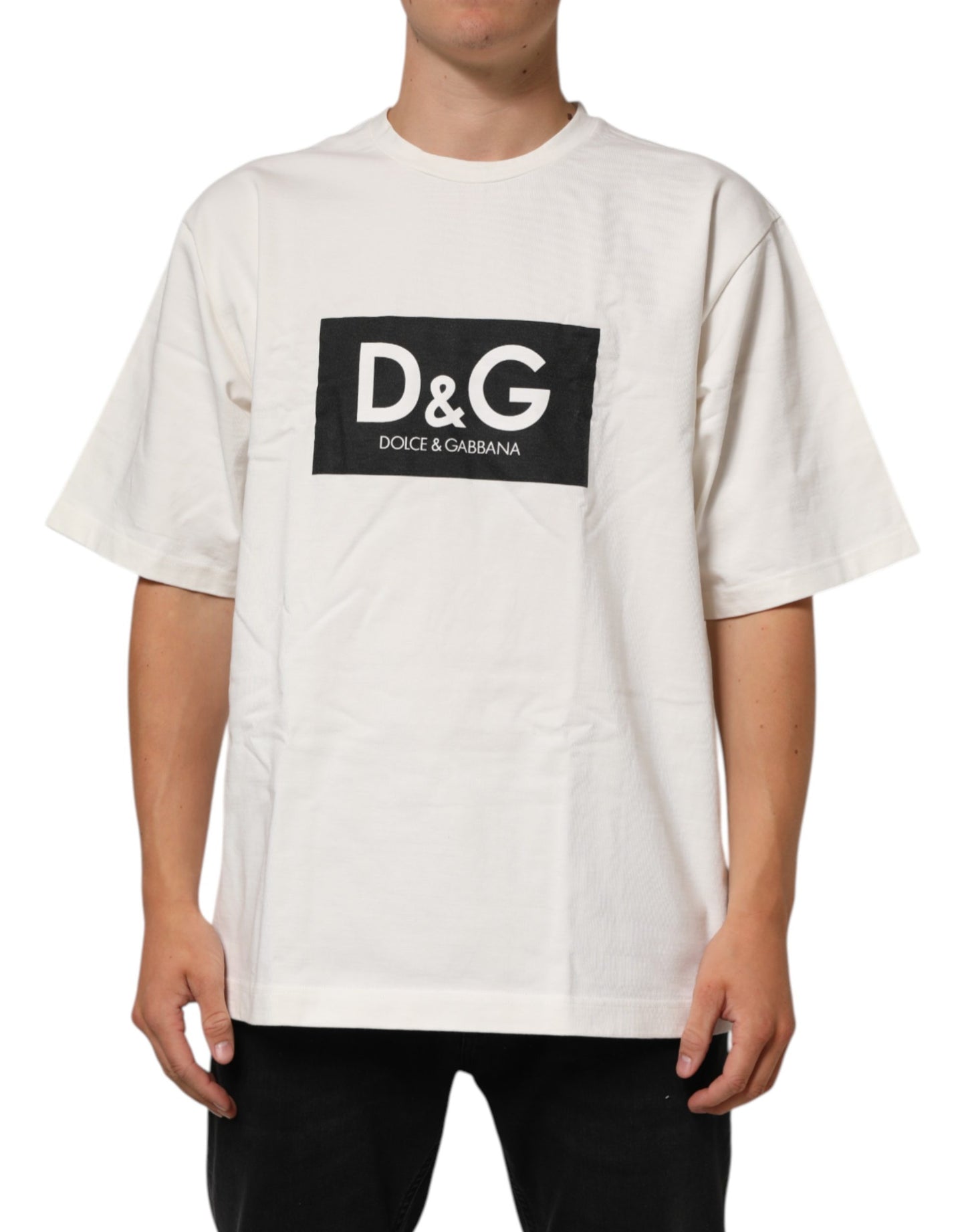 Dolce & Gabbana White Cotton Logo Print Men Crewneck T-shirt