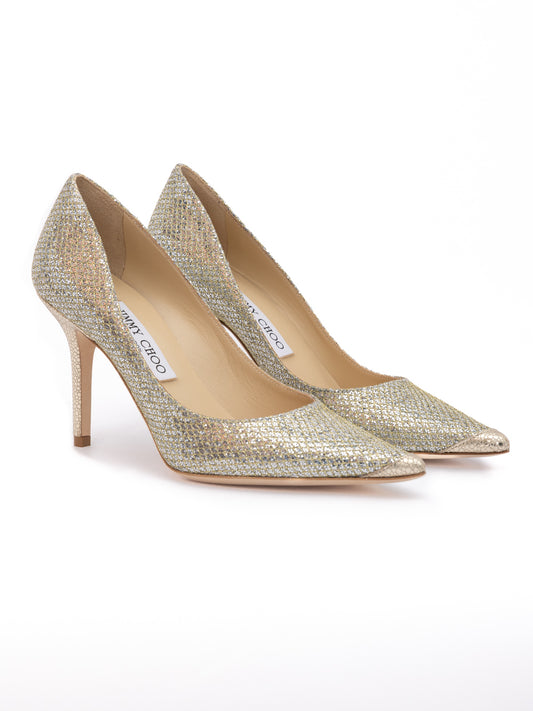 Jimmy Choo Gold Glitter Fabric Agnes Pumps