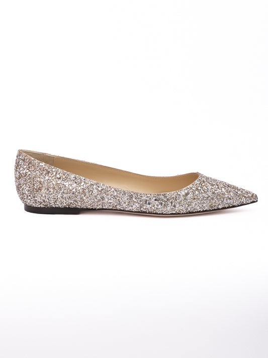 Jimmy Choo Rose Gold Glitter Fabric Alina Ballet Flat