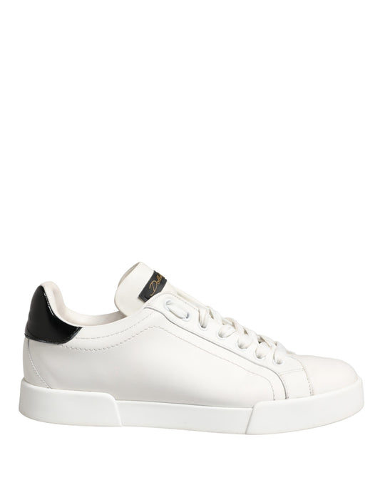 Dolce & Gabbana White Black Portofino Leather Sneakers Shoes