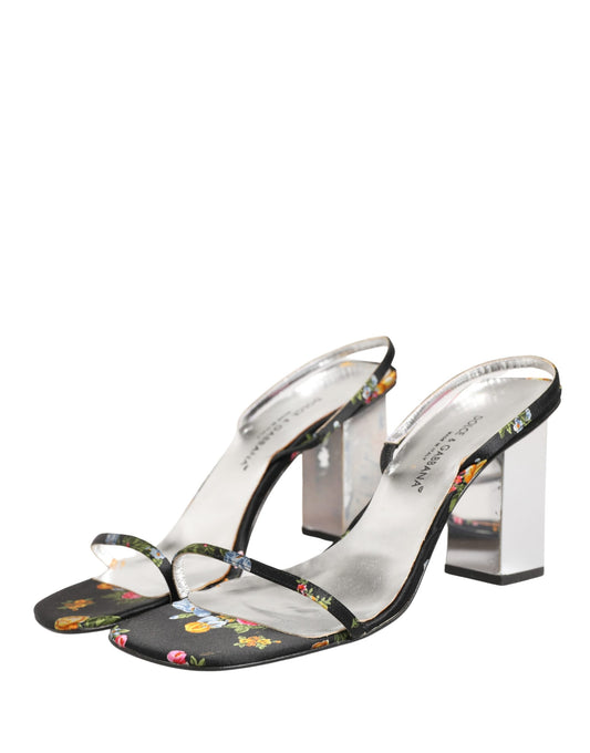 Dolce & Gabbana Black Silver Floral Block Heels Sandals Shoes