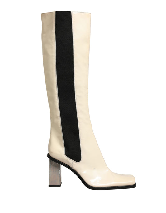 Dolce & Gabbana White Black Leather Knee High Boots Shoes