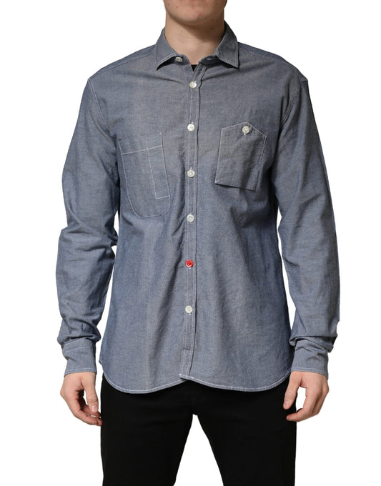 AGLINI Dark Blue Slim Fit Collared Long Sleeve Denim Shirt