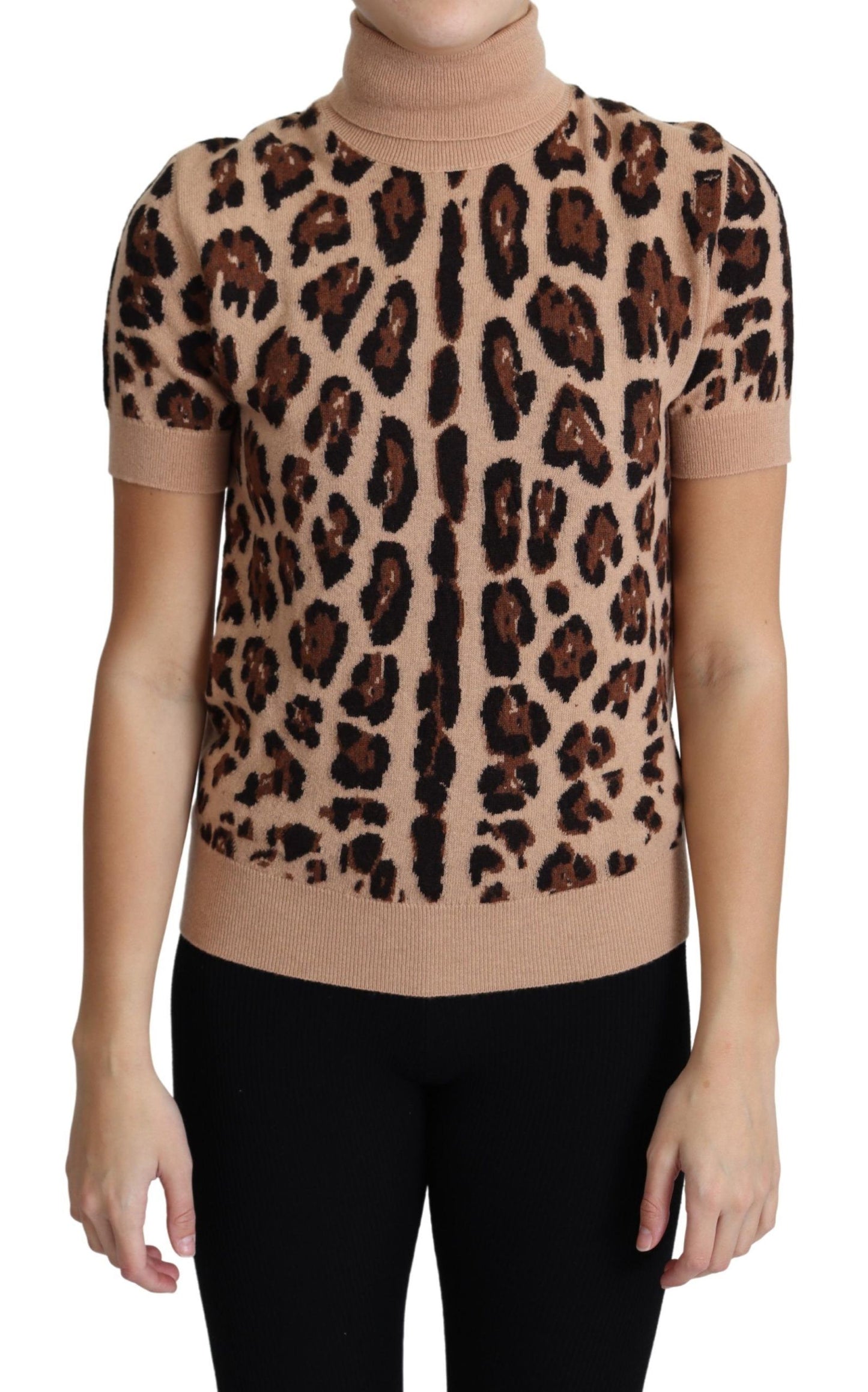 Dolce & Gabbana Elegant Leopard Print Wool Turtleneck Top