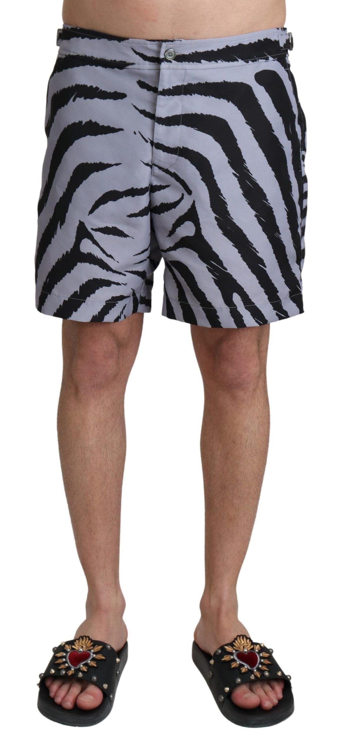 Dolce & Gabbana Elegant Gray Zebra Print Swim Trunks