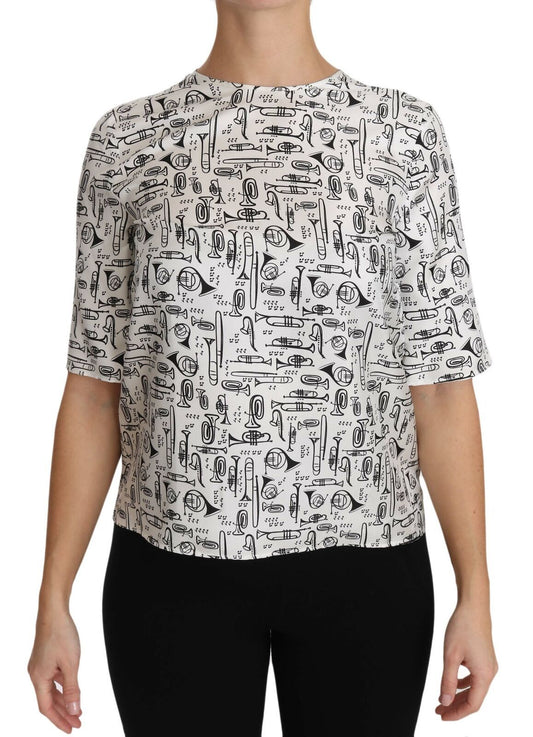 Dolce & Gabbana Elegant Trumpet Print Silk Blouse Top