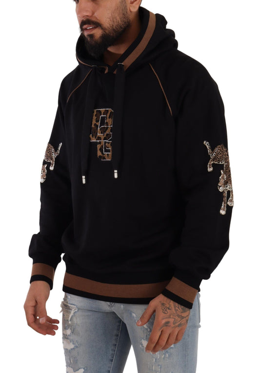 Dolce & Gabbana Black Brown Leopard Cotton Hooded Pullover Sweater Mens Sweater