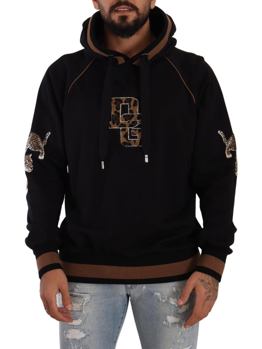 Dolce & Gabbana Black Brown Leopard Cotton Hooded Pullover Sweater Mens Sweater