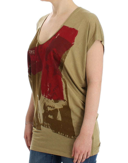 Costume National Chic Green Multicolor Print V-Neck Tee