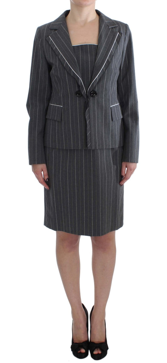 BENCIVENGA Elegant Gray Striped Dress & Blazer Suit Set