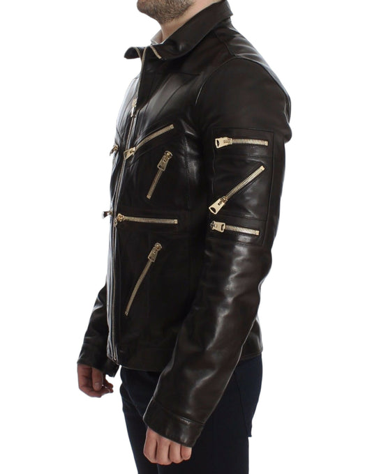 Dolce & Gabbana Elegant Brown Gold-Detailed Leather Jacket