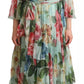 Dolce & Gabbana Green Floral Long Sleeve V-neck Midi Dress