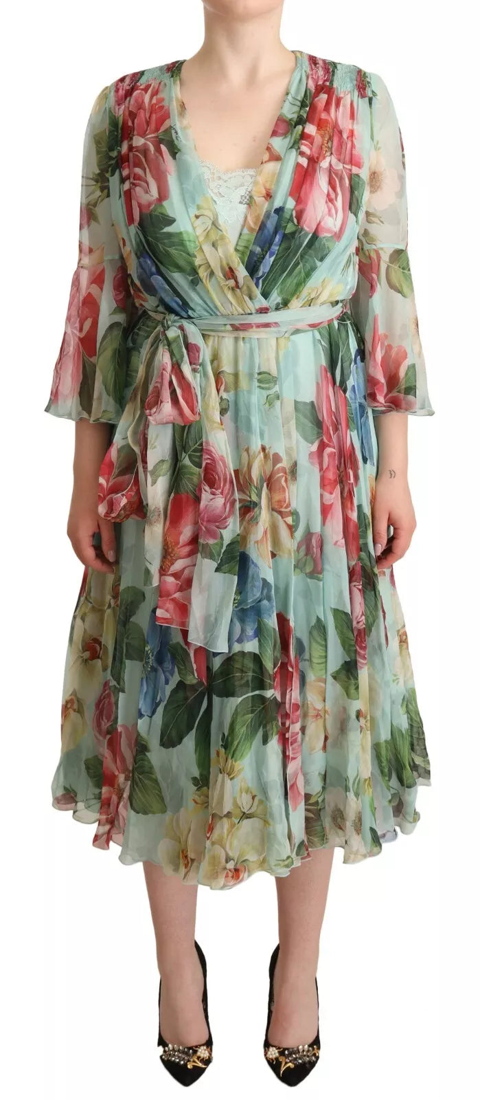 Dolce & Gabbana Green Floral Long Sleeve V-neck Midi Dress