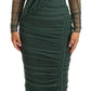 Dolce & Gabbana Green Ruched Stretch Tulle Crystal Midi Dress