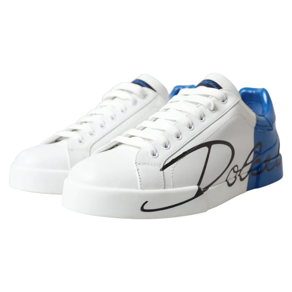 Dolce & Gabbana White Blue Leather Logo Low Top Sneakers Shoes