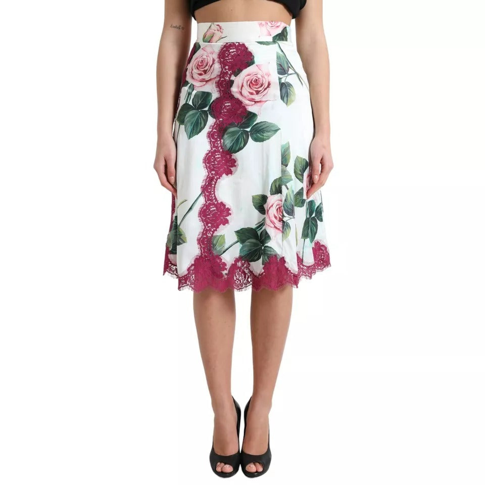 Dolce & Gabbana White Rose Print High Waist Midi A-line Skirt